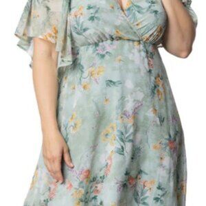 Sage Floral Print Florence Flutter Sleeve Dress - 2X